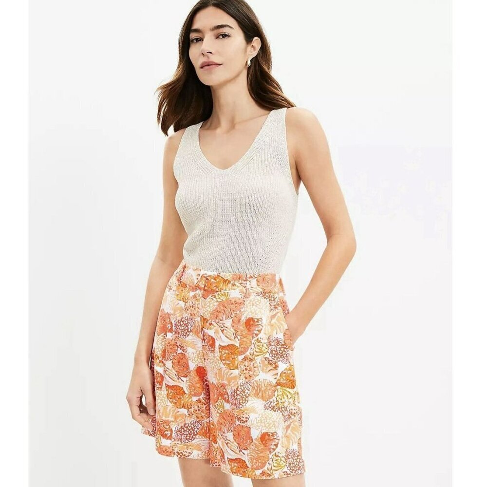 NWT Wmns LOFT Linen Blend Orange White Novelty Seashell Print Peyton Shorts Sz 4